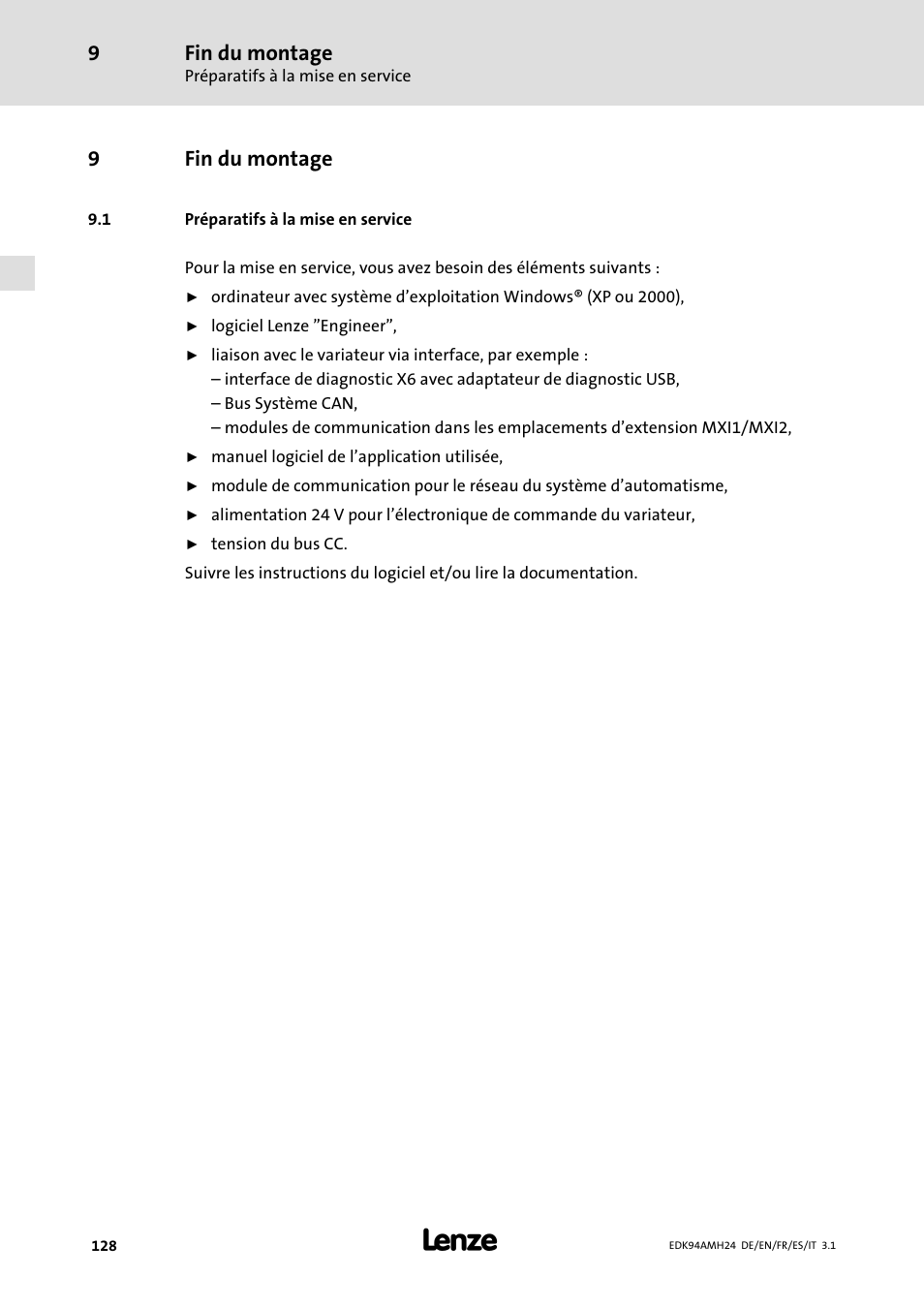 9 fin du montage, 1 préparatifs à la mise en service, Fin du montage | Préparatifs à la mise en service, 9fin du montage | Lenze E94AMHE User Manual | Page 128 / 214