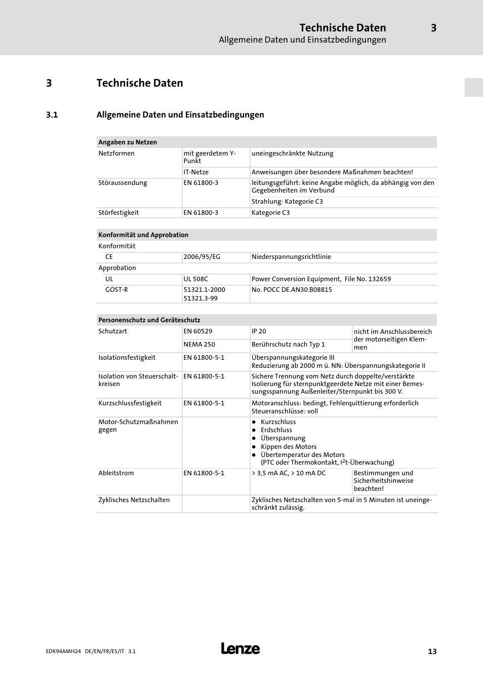 3 technische daten, 1 allgemeine daten und einsatzbedingungen, Technische daten | Allgemeine daten und einsatzbedingungen, Ab seite 13, 3technische daten | Lenze E94AMHE User Manual | Page 13 / 214