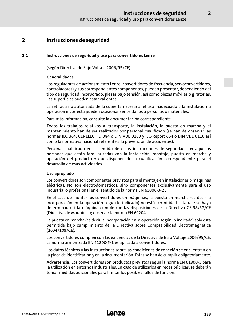 2 instrucciones de seguridad, Instrucciones de seguridad, 2instrucciones de seguridad | Lenze E94AMHE User Manual | Page 133 / 214