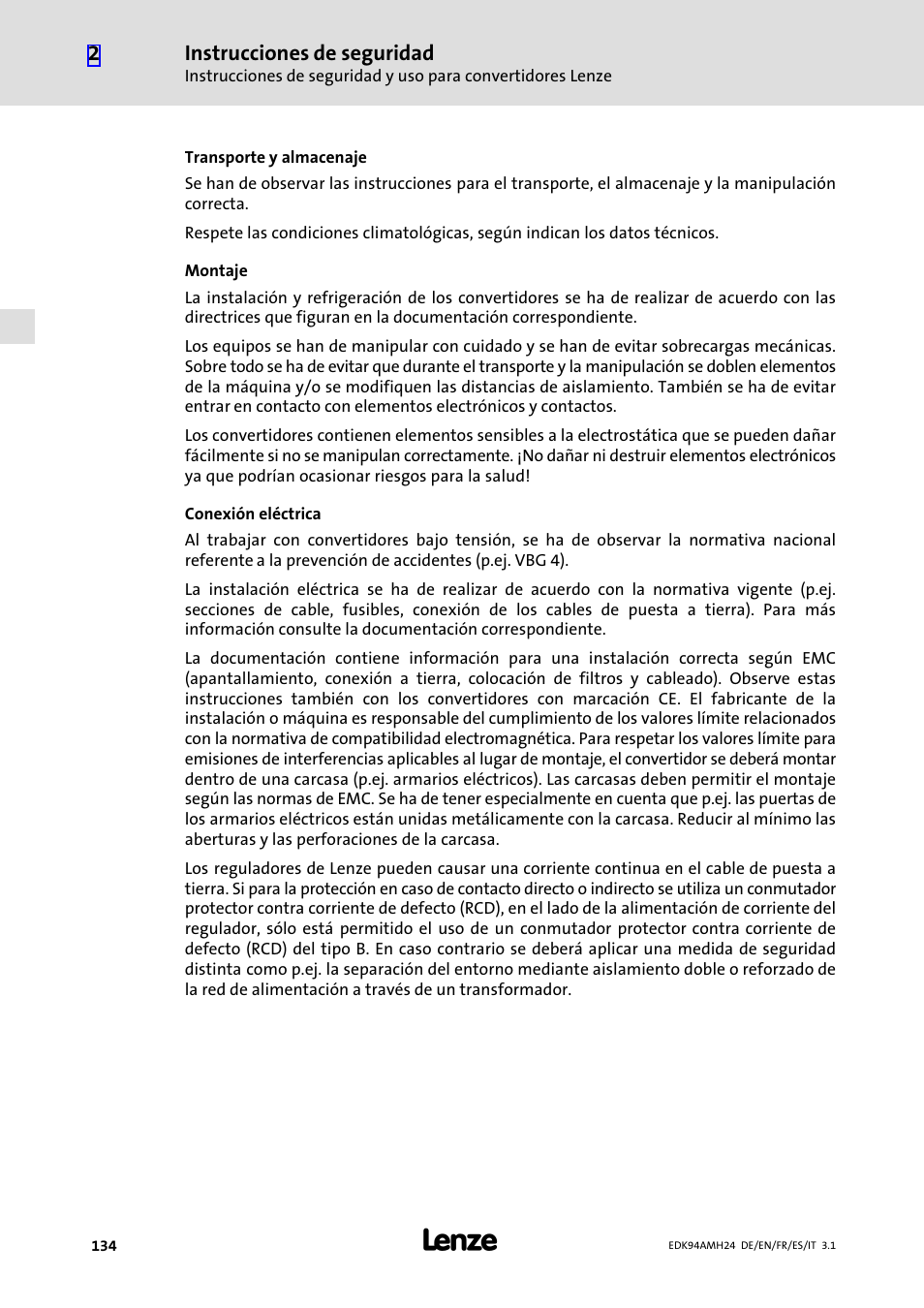 Instrucciones de seguridad | Lenze E94AMHE User Manual | Page 134 / 214