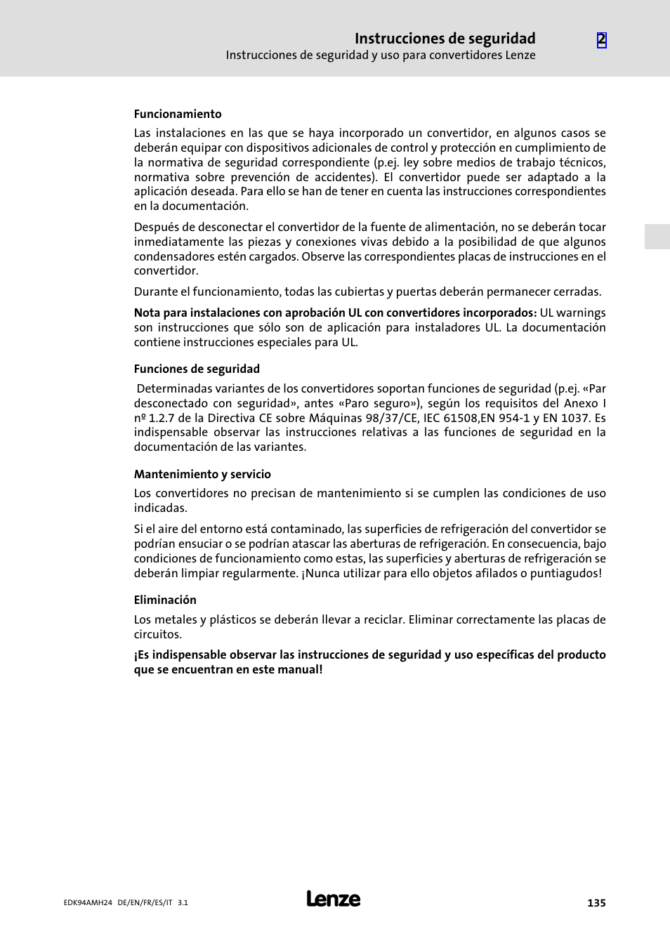 Instrucciones de seguridad | Lenze E94AMHE User Manual | Page 135 / 214