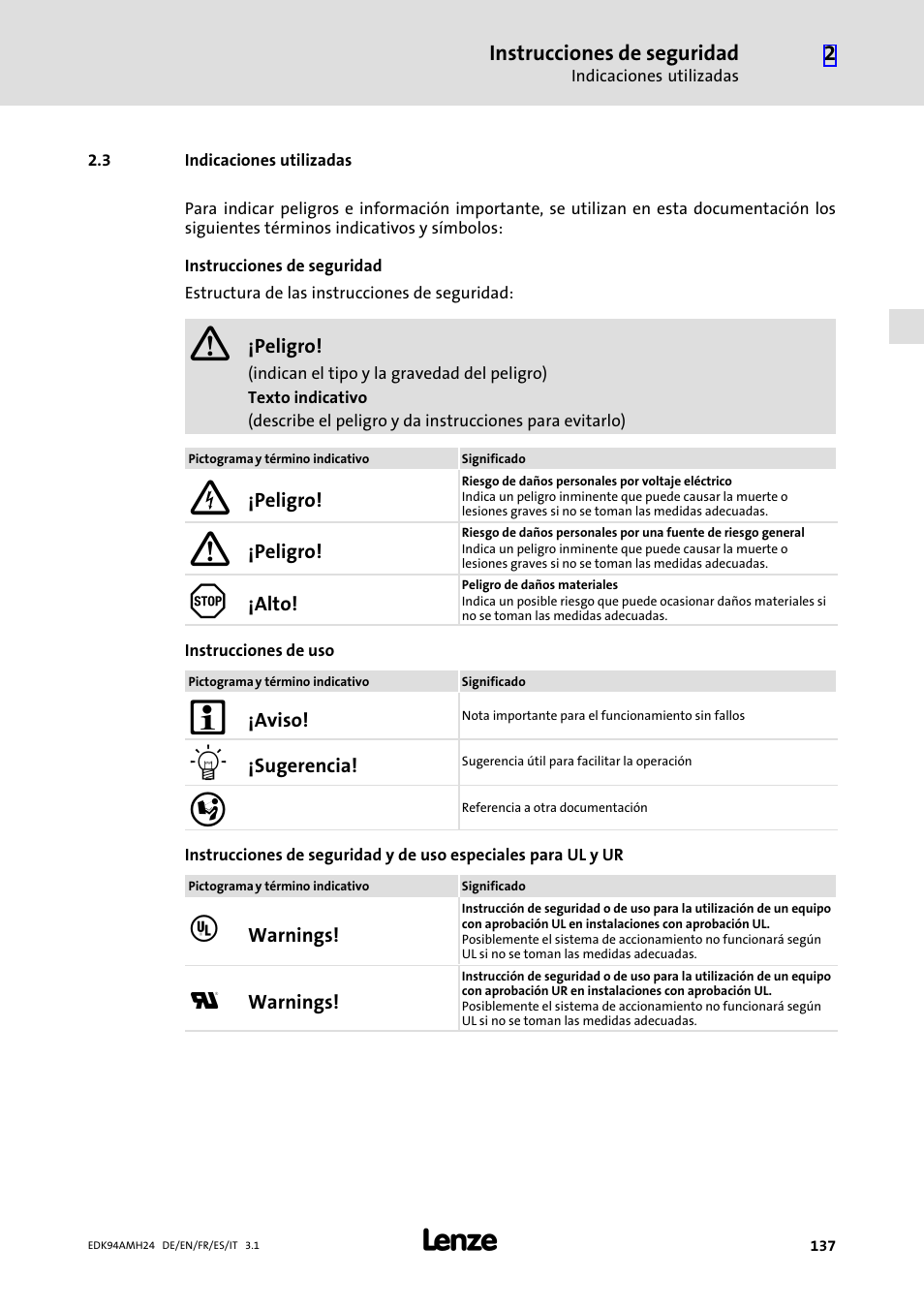 3 indicaciones utilizadas, Indicaciones utilizadas | Lenze E94AMHE User Manual | Page 137 / 214