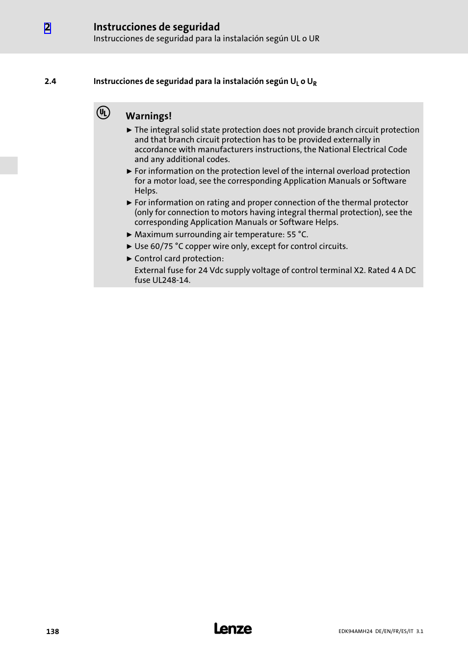 Instrucciones de seguridad | Lenze E94AMHE User Manual | Page 138 / 214
