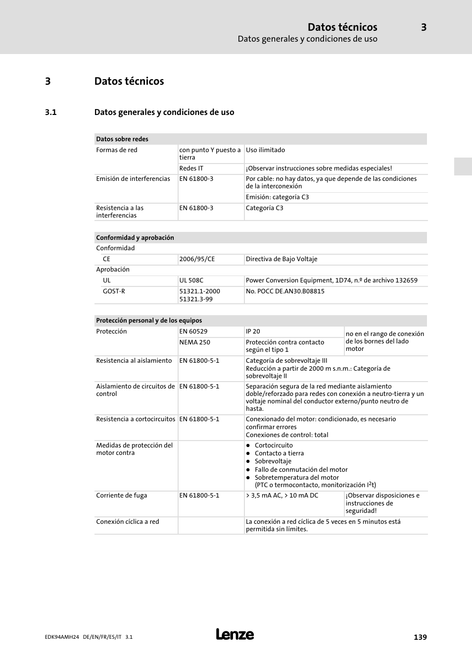 3 datos técnicos, 1 datos generales y condiciones de uso, Datos técnicos | Datos generales y condiciones de uso, 3datos técnicos | Lenze E94AMHE User Manual | Page 139 / 214