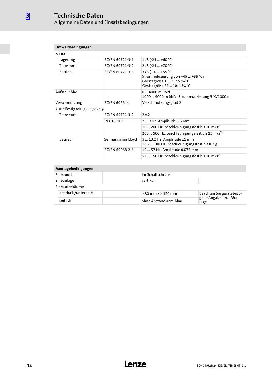 Technische daten, Allgemeine daten und einsatzbedingungen | Lenze E94AMHE User Manual | Page 14 / 214
