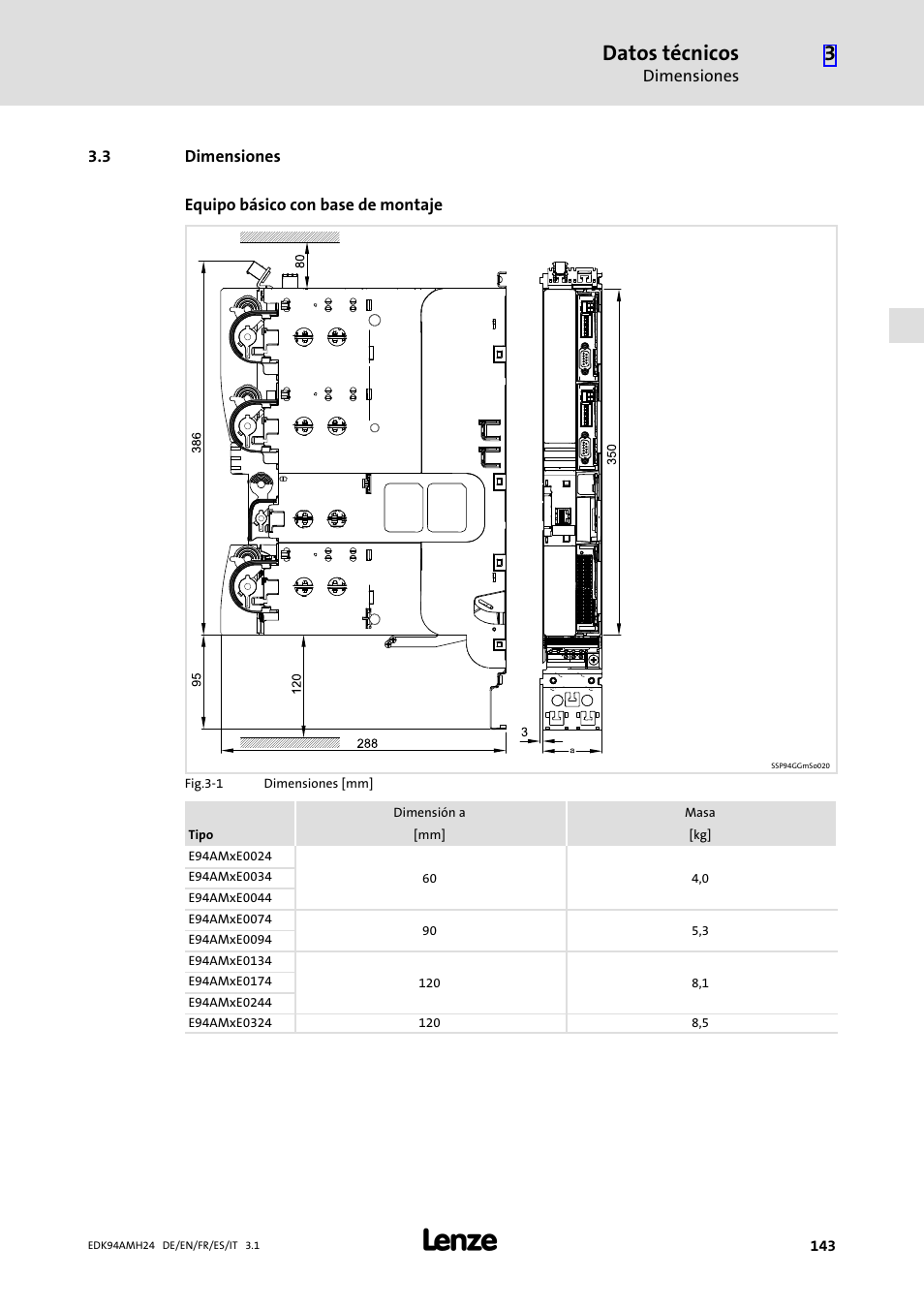 3 dimensiones, Dimensiones, Datos técnicos | Lenze E94AMHE User Manual | Page 143 / 214