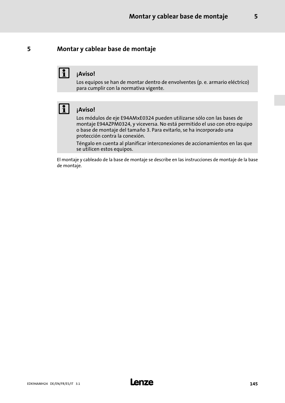 5 montar y cablear base de montaje, Montar y cablear base de montaje | Lenze E94AMHE User Manual | Page 145 / 214