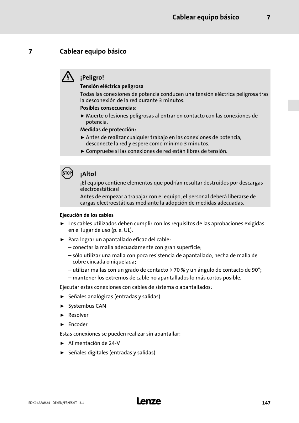 7 cablear equipo básico, Cablear equipo básico, Cablear equipo básico 7 | 7cablear equipo básico | Lenze E94AMHE User Manual | Page 147 / 214
