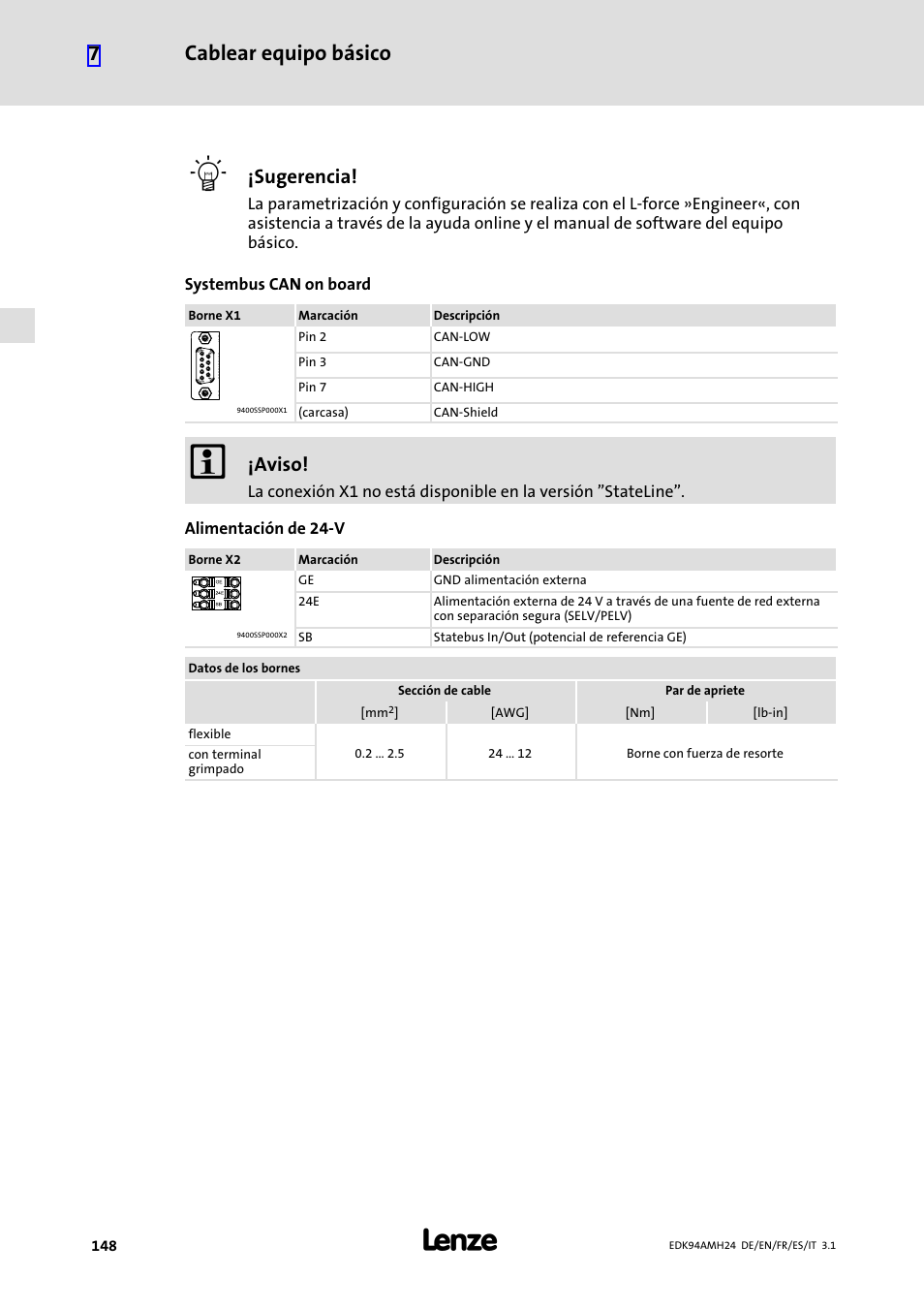 Cablear equipo básico 7, Sugerencia, Aviso | Lenze E94AMHE User Manual | Page 148 / 214