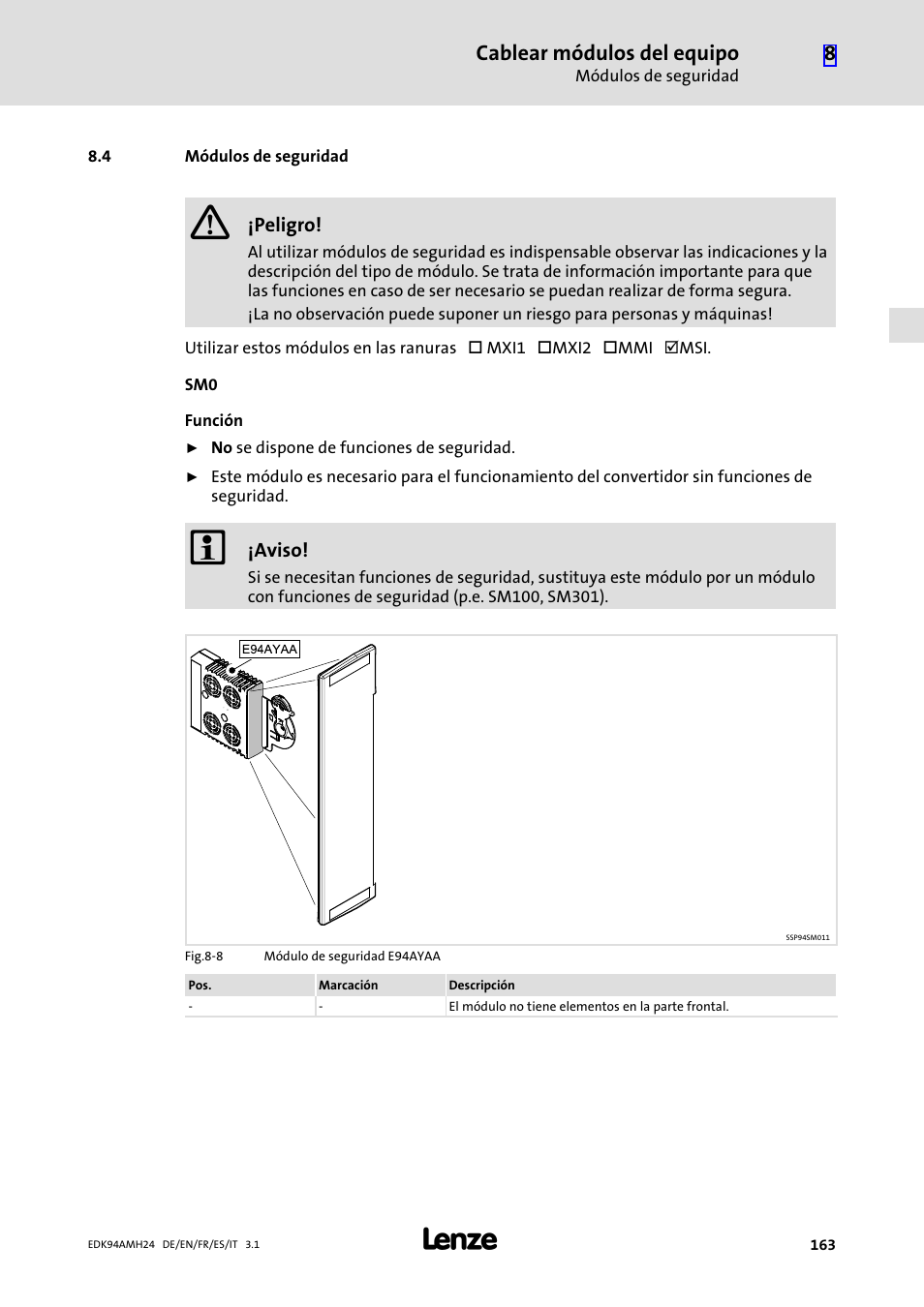 4 módulos de seguridad, Módulos de seguridad, Cablear módulos del equipo | Lenze E94AMHE User Manual | Page 163 / 214