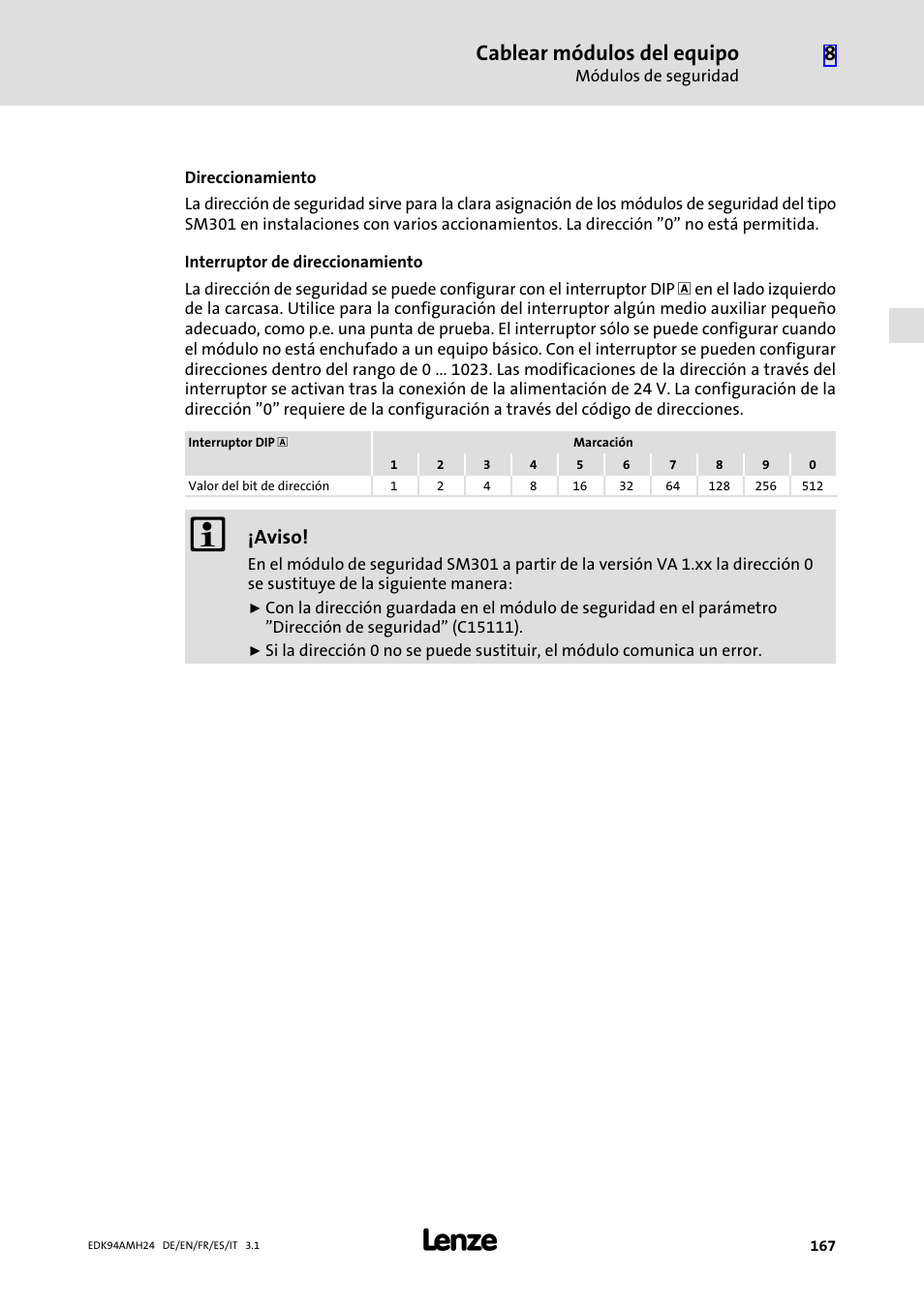 Cablear módulos del equipo, Aviso | Lenze E94AMHE User Manual | Page 167 / 214