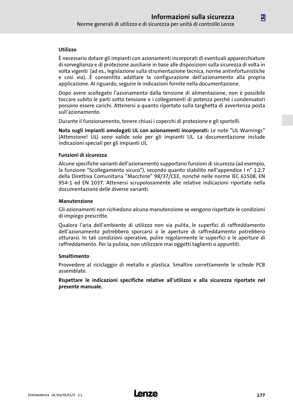 Informazioni sulla sicurezza | Lenze E94AMHE User Manual | Page 177 / 214