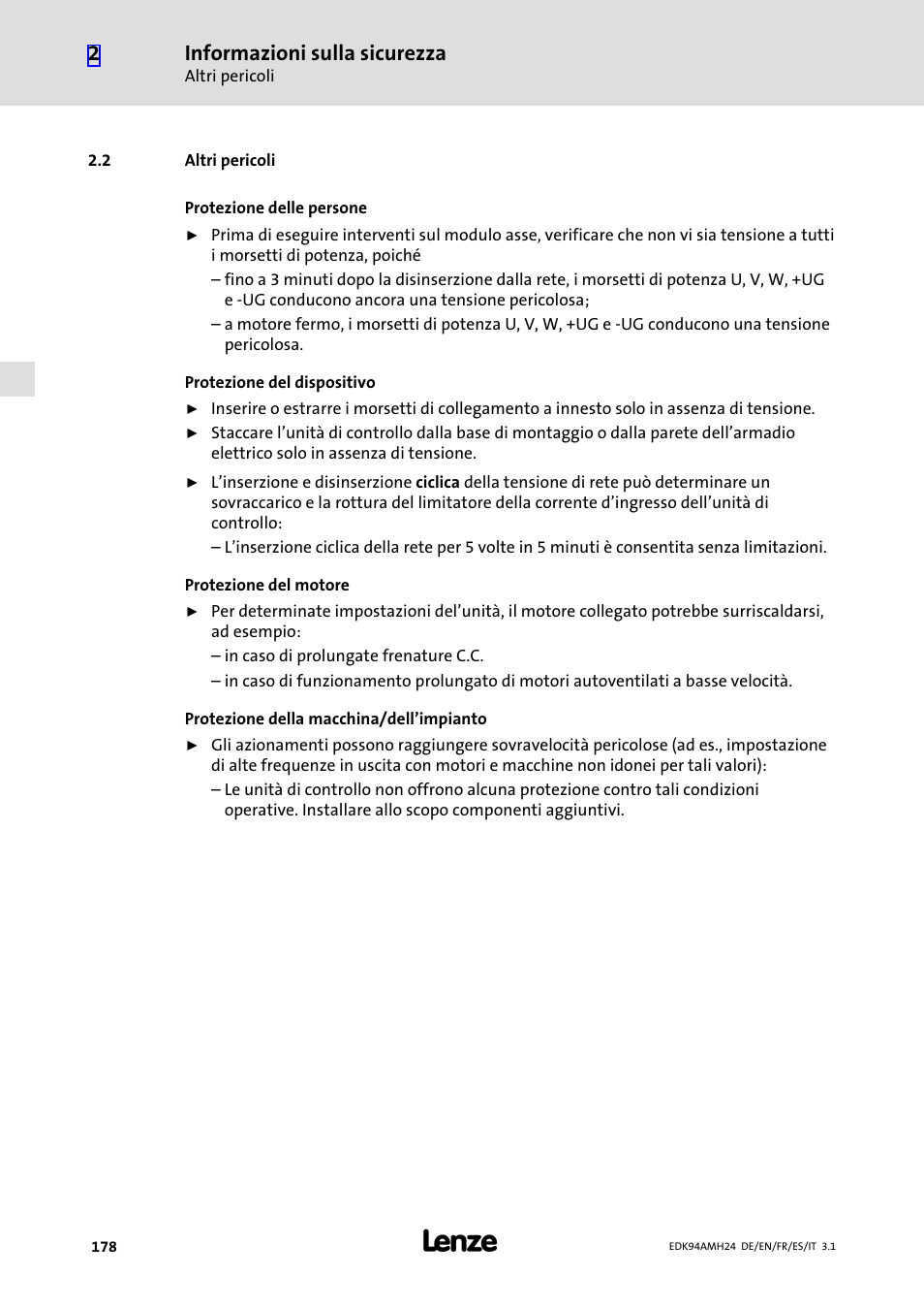 2 altri pericoli, Altri pericoli, Informazioni sulla sicurezza | Lenze E94AMHE User Manual | Page 178 / 214