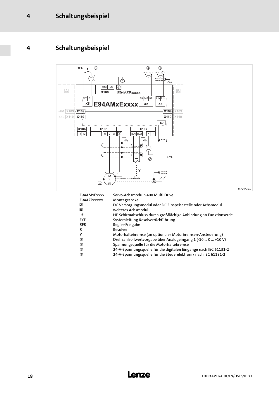 4 schaltungsbeispiel, Schaltungsbeispiel, Schaltungsbeispiel 4 | Lenze E94AMHE User Manual | Page 18 / 214