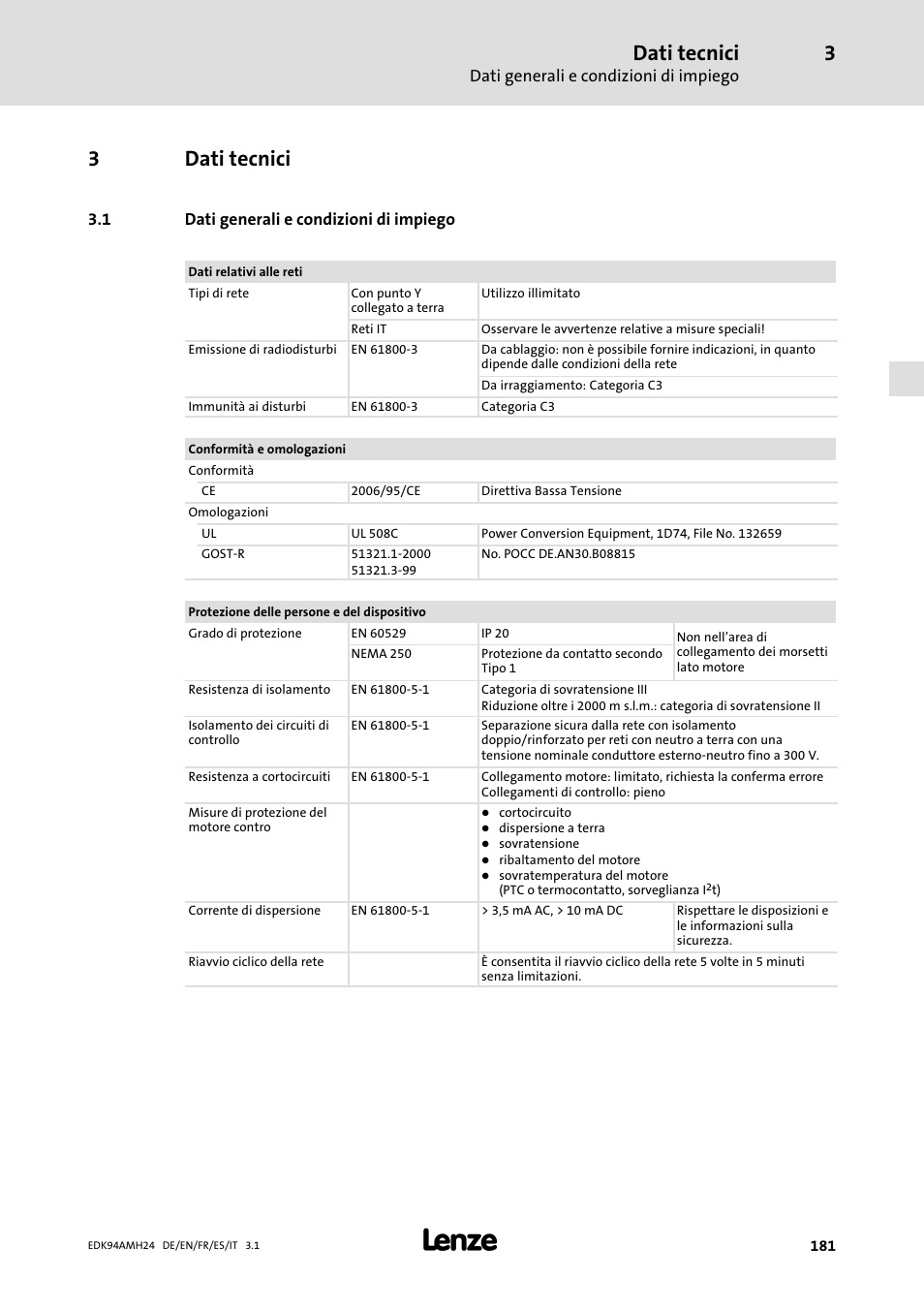 3 dati tecnici, 1 dati generali e condizioni di impiego, Dati tecnici | Dati generali e condizioni di impiego, 3dati tecnici | Lenze E94AMHE User Manual | Page 181 / 214