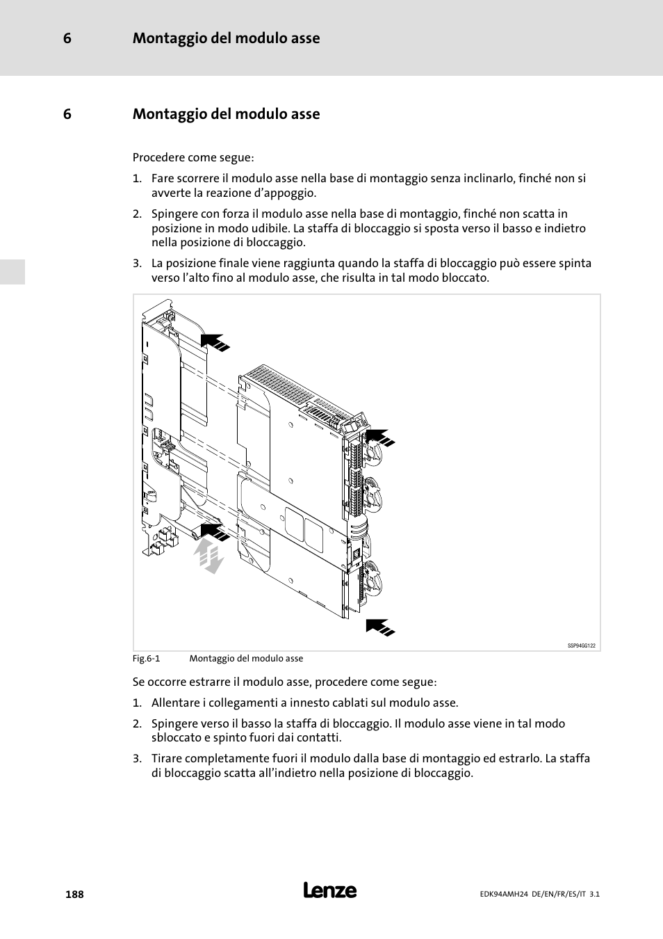 6 montaggio del modulo asse, Montaggio del modulo asse, Montaggio del modulo asse 6 | 6montaggio del modulo asse | Lenze E94AMHE User Manual | Page 188 / 214