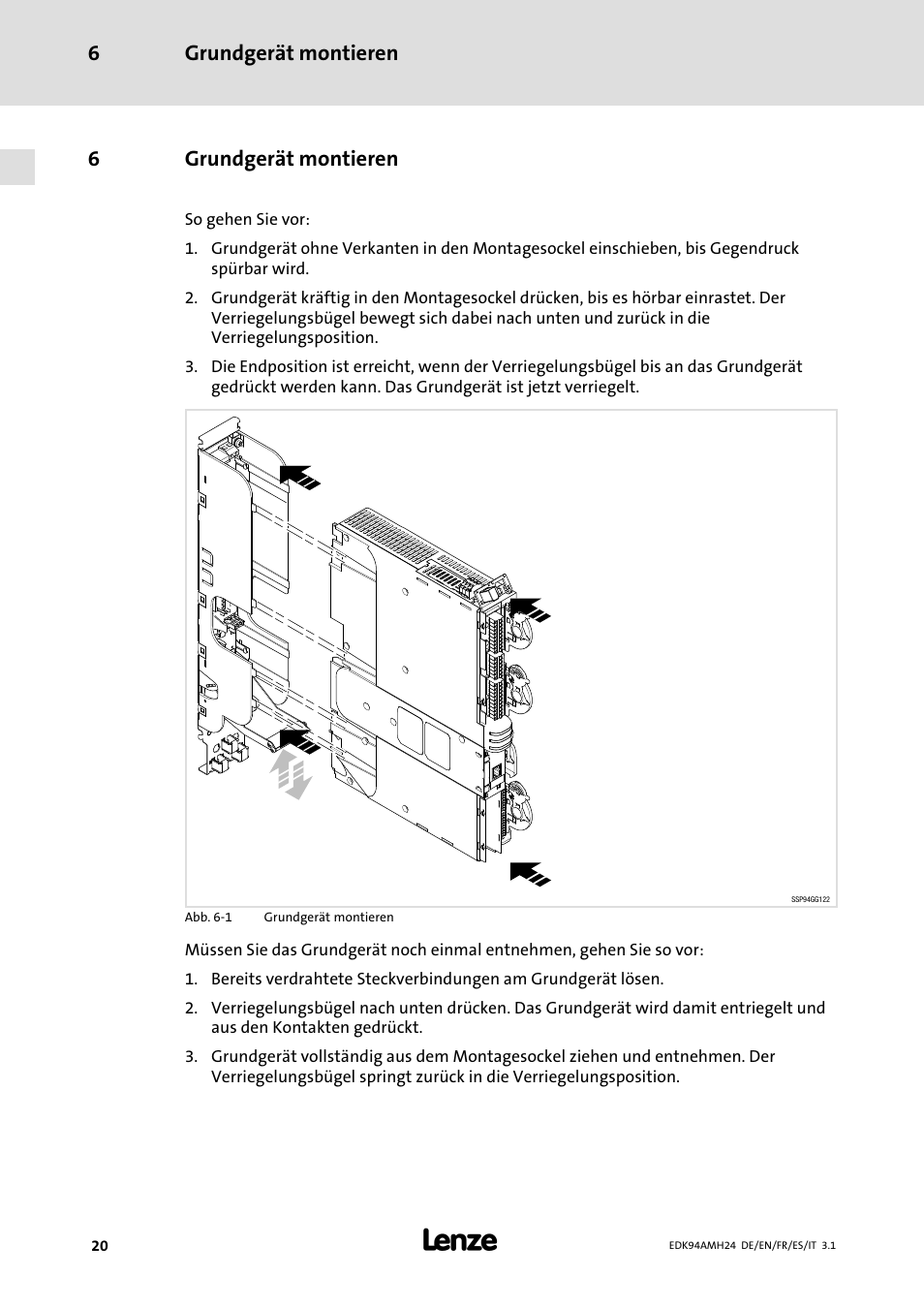 6 grundgerät montieren, Grundgerät montieren, Ab seite 20 | Grundgerät montieren 6, 6grundgerät montieren | Lenze E94AMHE User Manual | Page 20 / 214