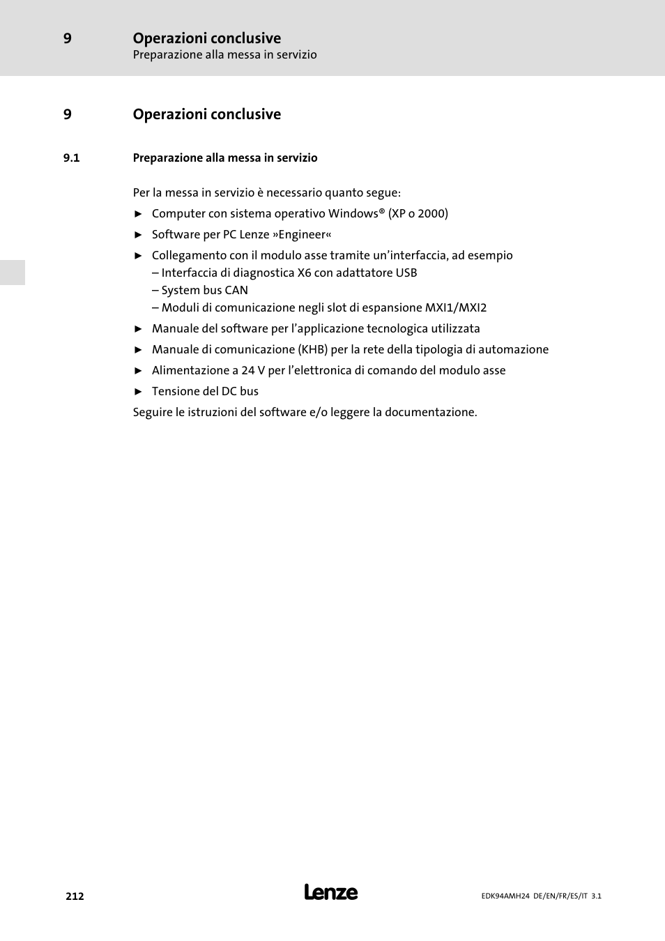 9 operazioni conclusive, 1 preparazione alla messa in servizio, Operazioni conclusive | Preparazione alla messa in servizio, 9operazioni conclusive | Lenze E94AMHE User Manual | Page 212 / 214
