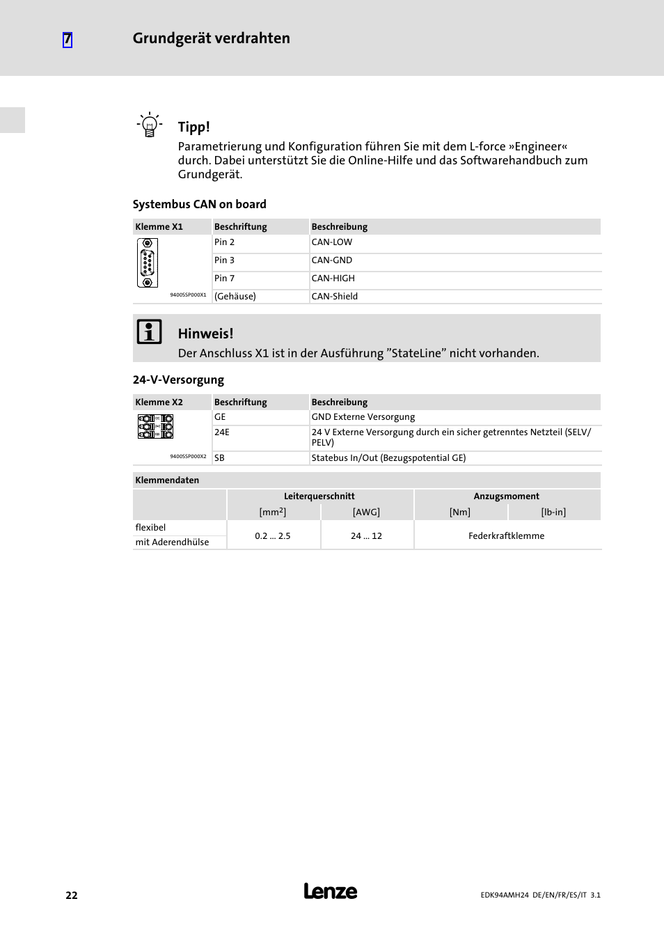 Grundgerät verdrahten 7, Tipp, Hinweis | Lenze E94AMHE User Manual | Page 22 / 214