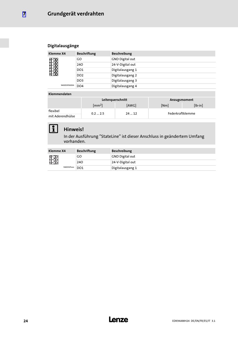 Grundgerät verdrahten 7, Hinweis | Lenze E94AMHE User Manual | Page 24 / 214