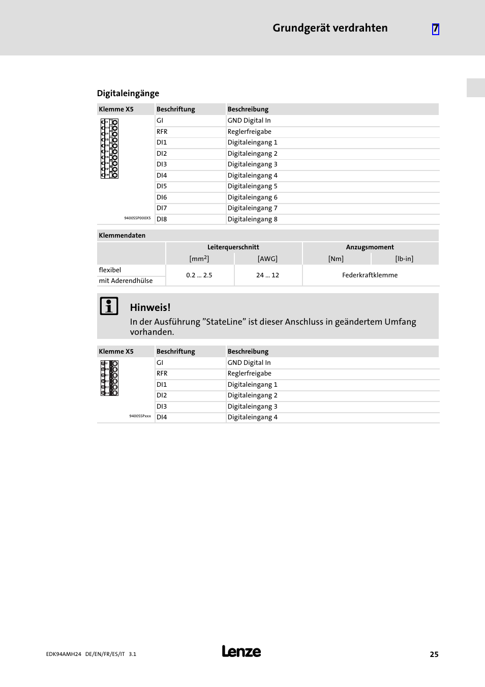 Grundgerät verdrahten 7, Hinweis | Lenze E94AMHE User Manual | Page 25 / 214
