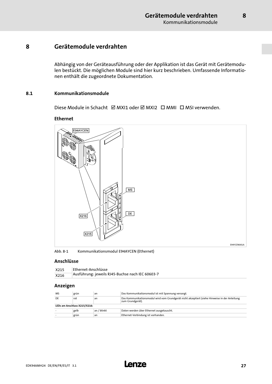 8 gerätemodule verdrahten, 1 kommunikationsmodule, Gerätemodule verdrahten | Kommunikationsmodule, Ab seite 27, 8gerätemodule verdrahten, Anschlüsse, Anzeigen | Lenze E94AMHE User Manual | Page 27 / 214