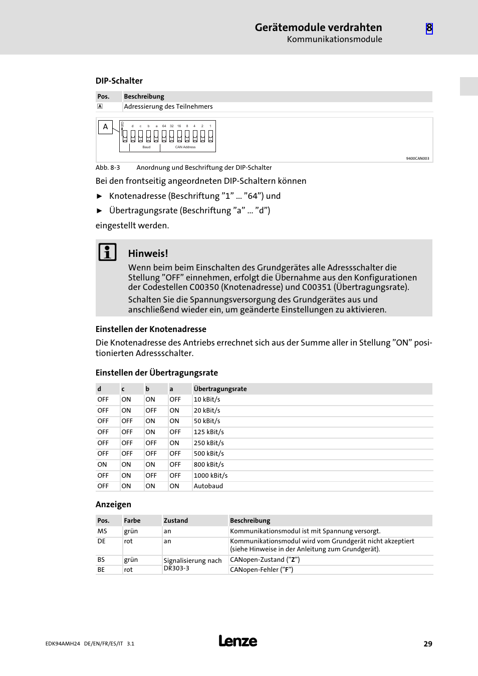 Gerätemodule verdrahten, Hinweis, Kommunikationsmodule | Dip−schalter, Anzeigen | Lenze E94AMHE User Manual | Page 29 / 214