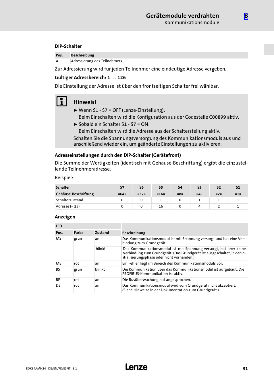 Gerätemodule verdrahten, Hinweis | Lenze E94AMHE User Manual | Page 31 / 214