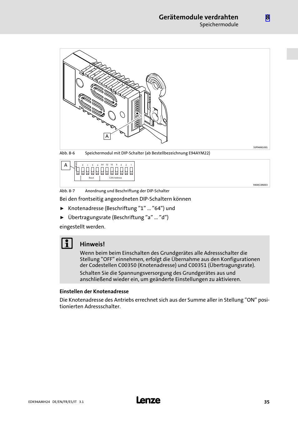 Gerätemodule verdrahten, Hinweis, Speichermodule | Lenze E94AMHE User Manual | Page 35 / 214