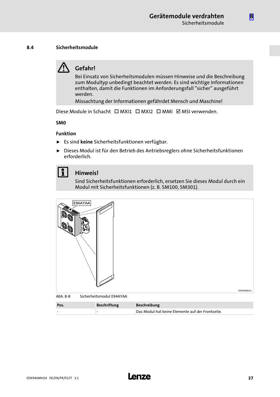 4 sicherheitsmodule, Sicherheitsmodule, Gerätemodule verdrahten | Lenze E94AMHE User Manual | Page 37 / 214