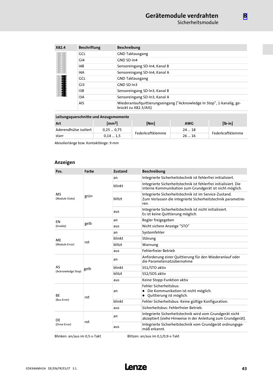 Gerätemodule verdrahten, Sicherheitsmodule, Anzeigen | Lenze E94AMHE User Manual | Page 43 / 214