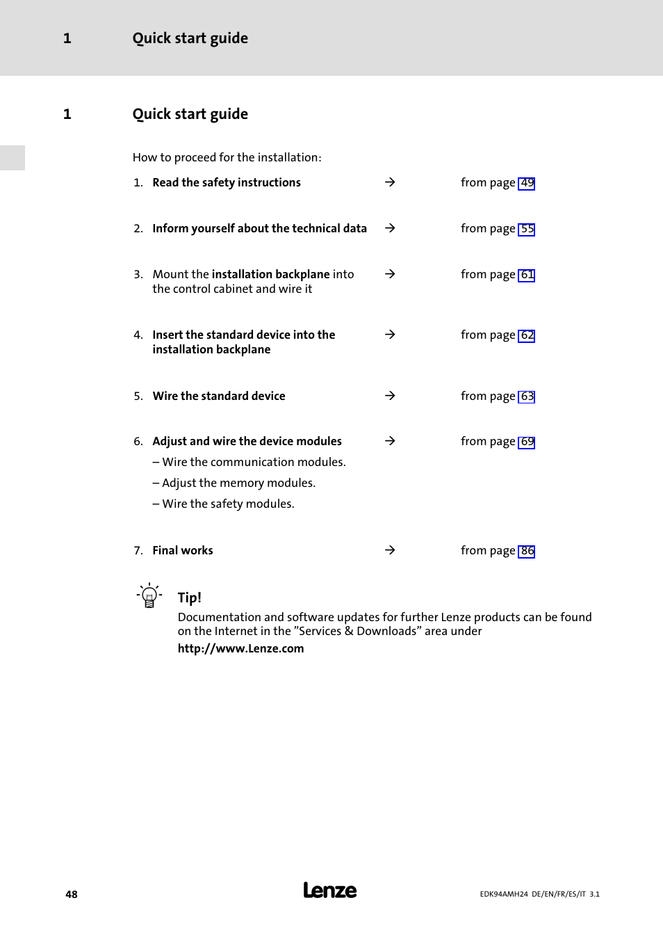 1 quick start guide, Quick start guide, Quick start guide 1 | 1quick start guide | Lenze E94AMHE User Manual | Page 48 / 214
