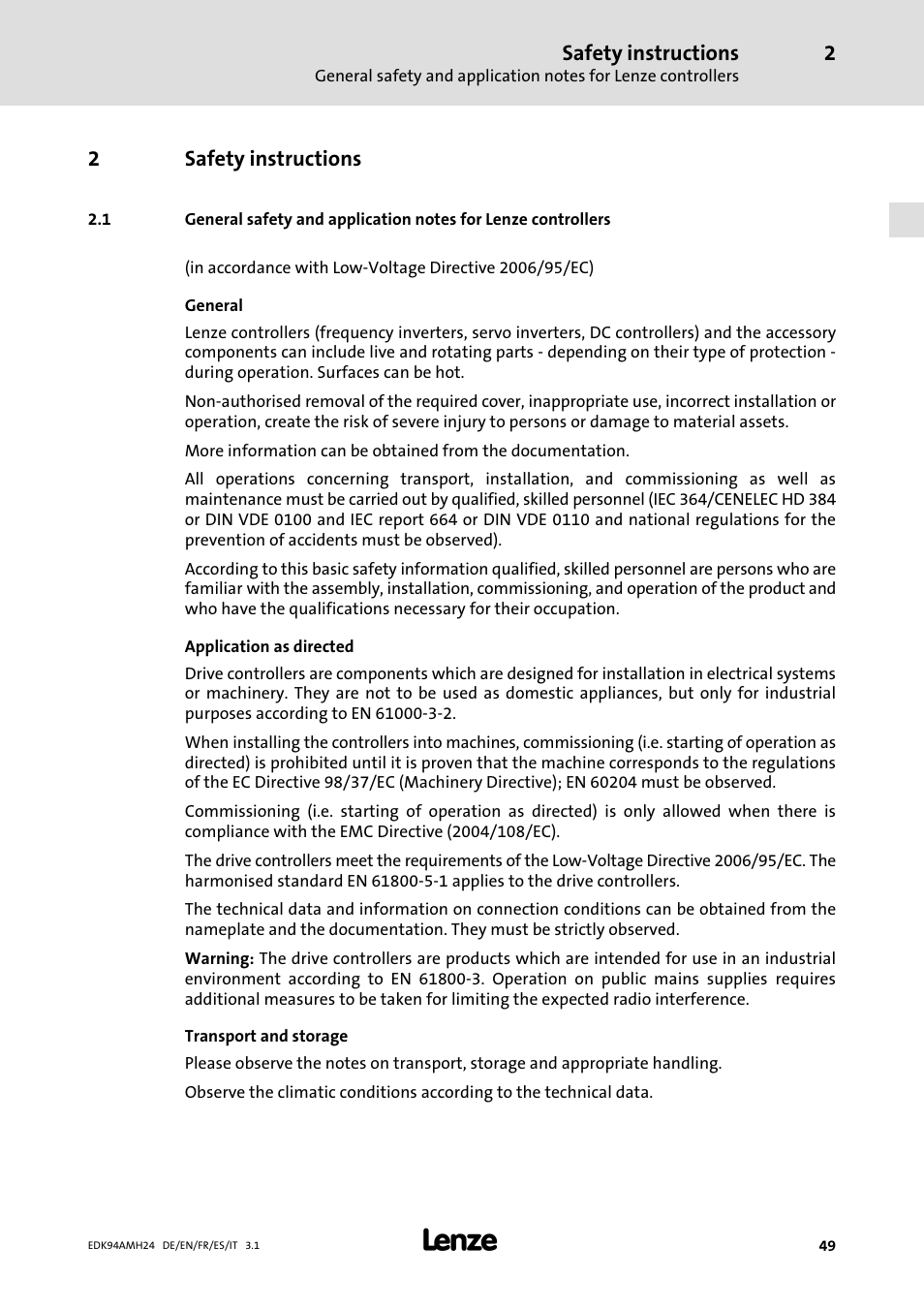 2 safety instructions, Safety instructions, 2safety instructions | Lenze E94AMHE User Manual | Page 49 / 214