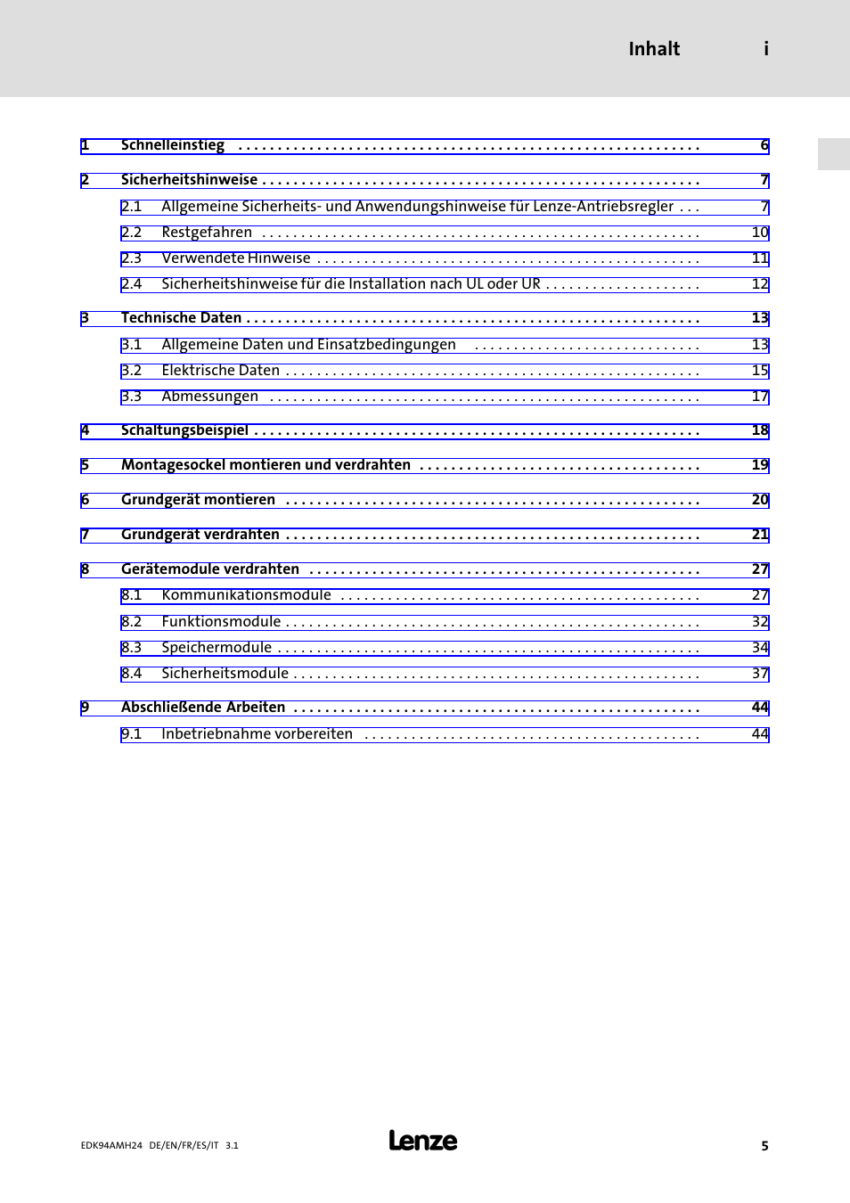Inhalt, Inhalt i | Lenze E94AMHE User Manual | Page 5 / 214