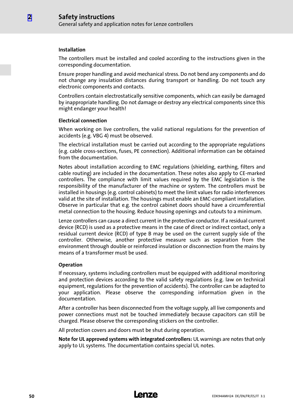 Safety instructions | Lenze E94AMHE User Manual | Page 50 / 214