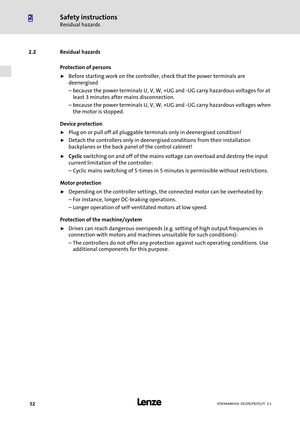 2 residual hazards, Residual hazards, Safety instructions | Lenze E94AMHE User Manual | Page 52 / 214