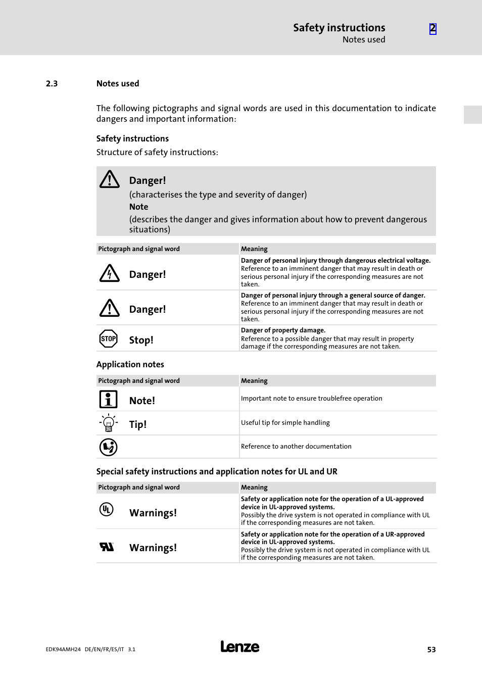 3 notes used, Notes used | Lenze E94AMHE User Manual | Page 53 / 214