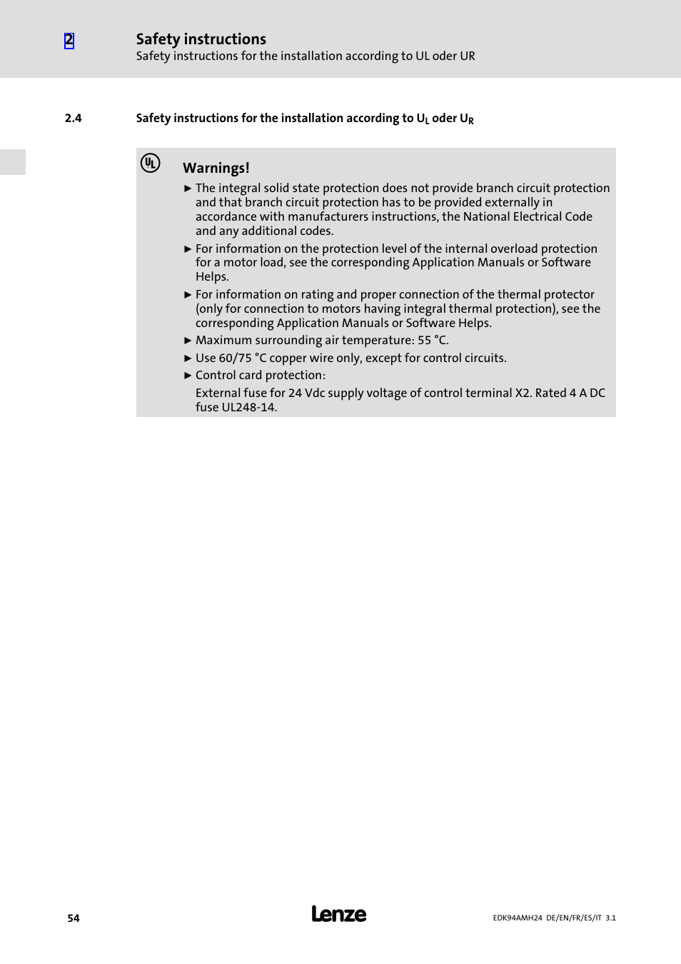 Safety instructions | Lenze E94AMHE User Manual | Page 54 / 214
