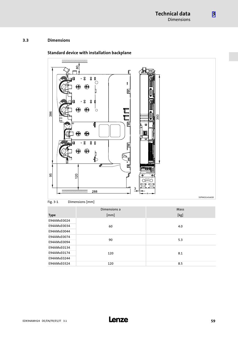 3 dimensions, Dimensions, Technical data | Lenze E94AMHE User Manual | Page 59 / 214