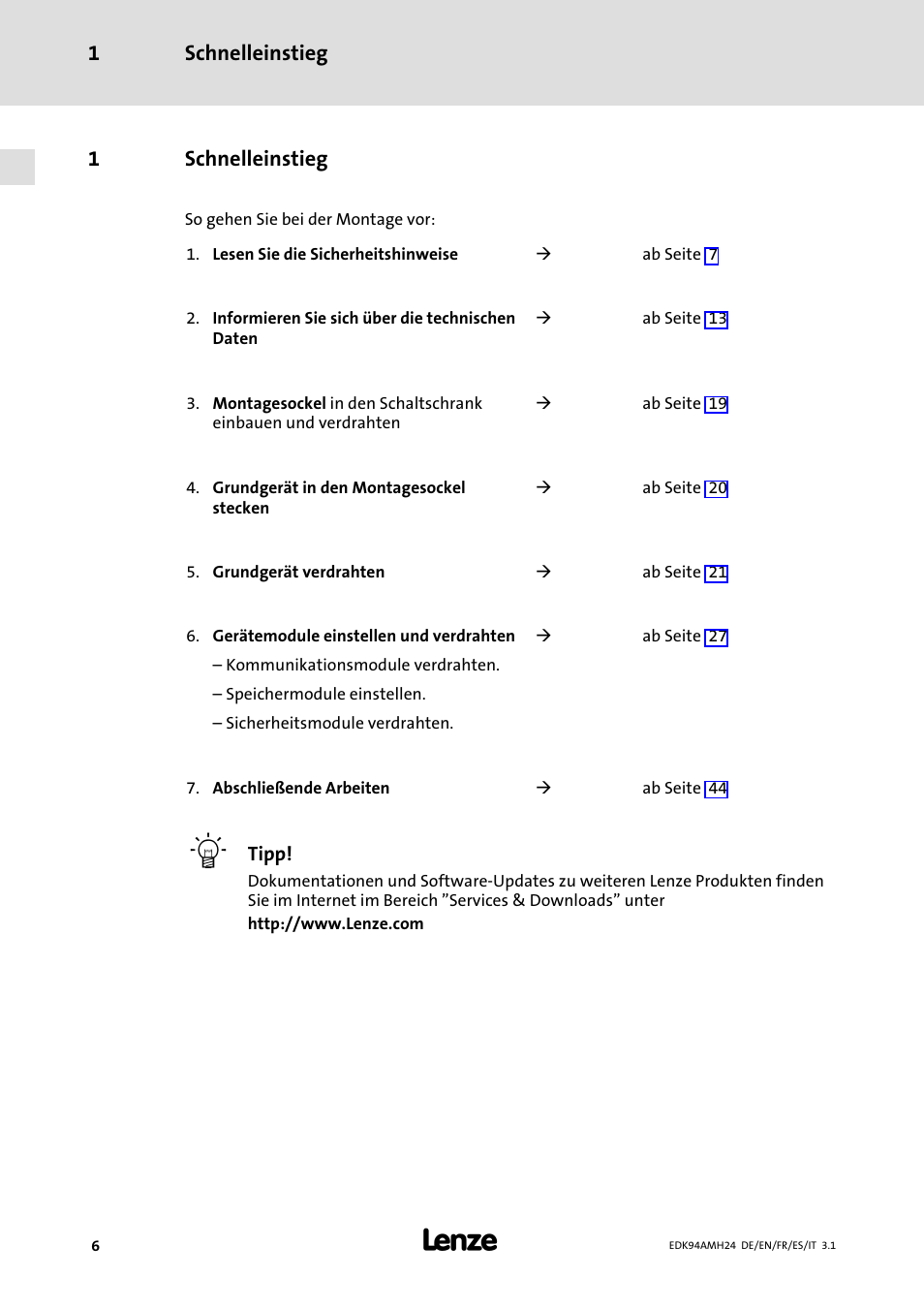 1 schnelleinstieg, Schnelleinstieg, Schnelleinstieg 1 | 1schnelleinstieg | Lenze E94AMHE User Manual | Page 6 / 214
