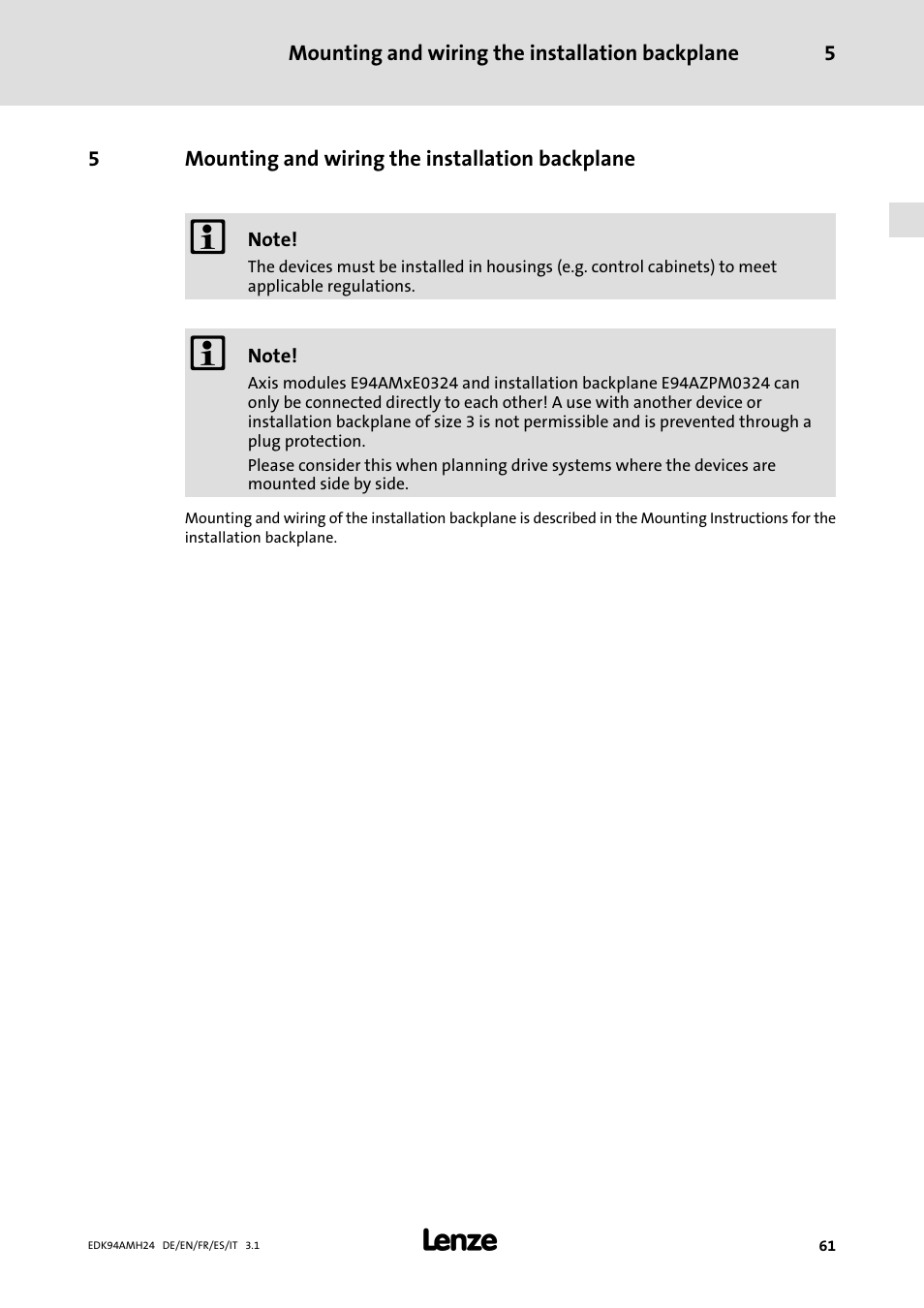 5 mounting and wiring the installation backplane, Mounting and wiring the installation backplane | Lenze E94AMHE User Manual | Page 61 / 214