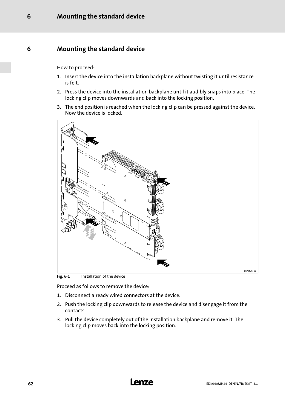 6 mounting the standard device, Mounting the standard device, Mounting the standard device 6 | 6mounting the standard device | Lenze E94AMHE User Manual | Page 62 / 214