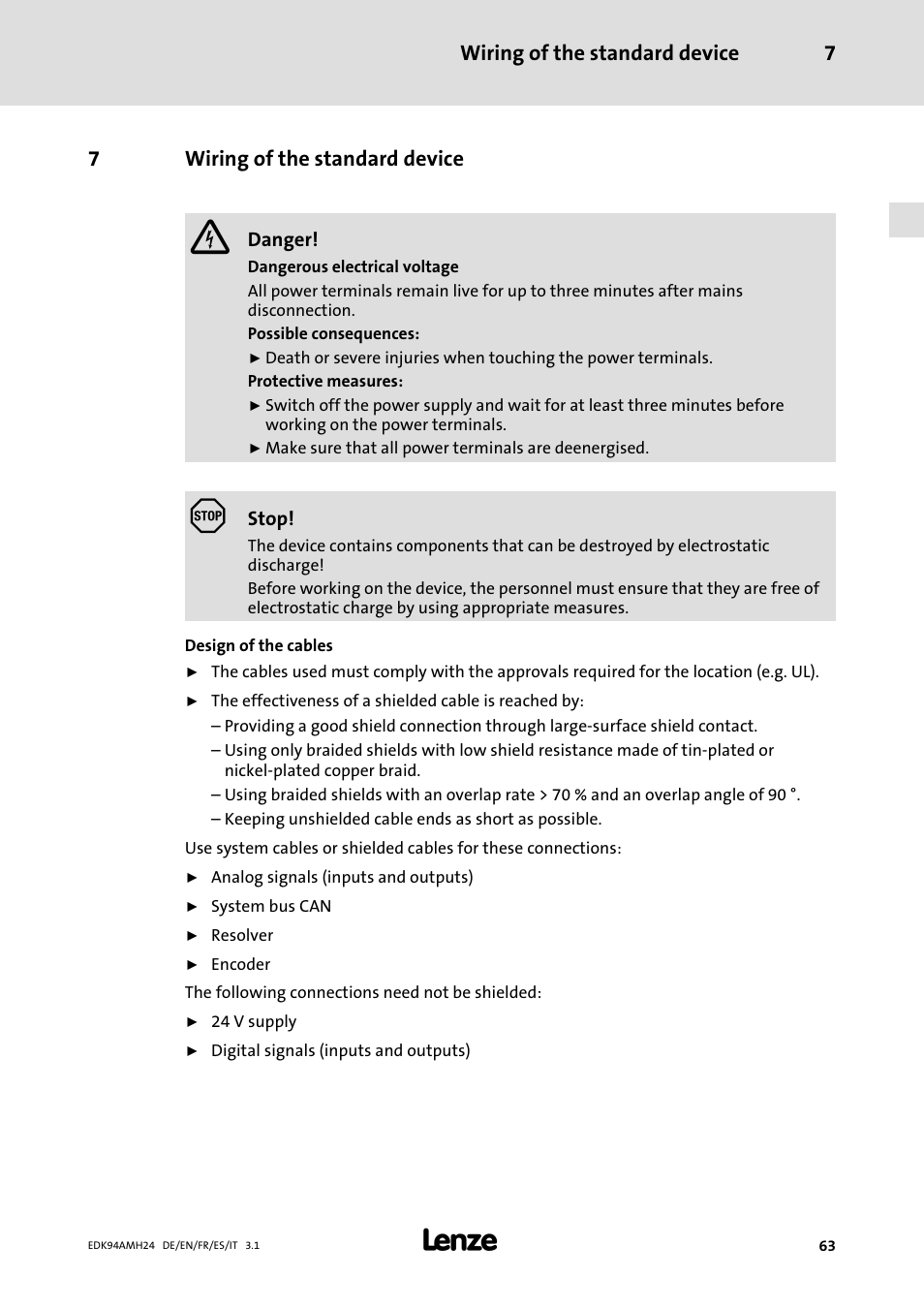 7 wiring of the standard device, Wiring of the standard device, Wiring of the standard device 7 | 7wiring of the standard device | Lenze E94AMHE User Manual | Page 63 / 214