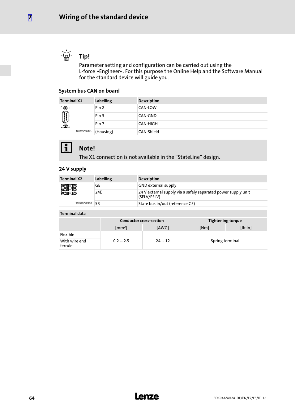 Wiring of the standard device 7 | Lenze E94AMHE User Manual | Page 64 / 214