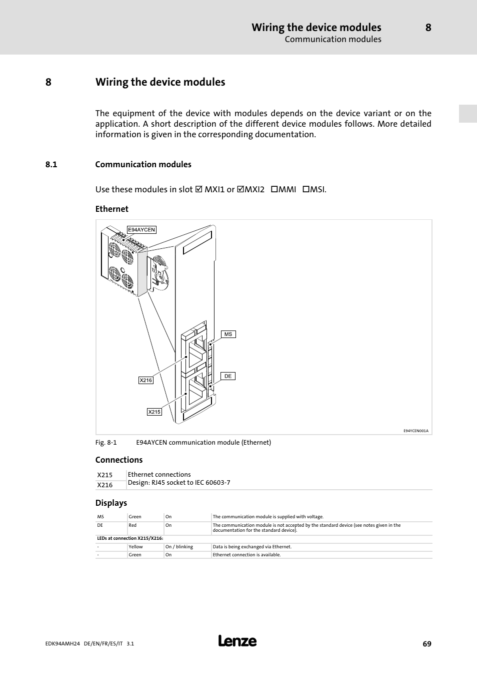 8 wiring the device modules, 1 communication modules, Wiring the device modules | Communication modules, 8wiring the device modules, Connections, Displays | Lenze E94AMHE User Manual | Page 69 / 214