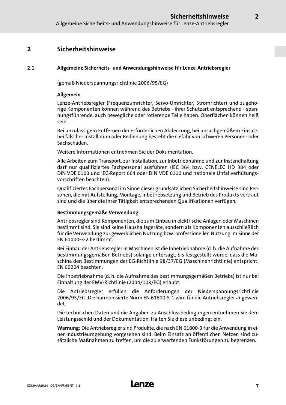 2 sicherheitshinweise, Sicherheitshinweise, Ab seite 7 | 2sicherheitshinweise | Lenze E94AMHE User Manual | Page 7 / 214