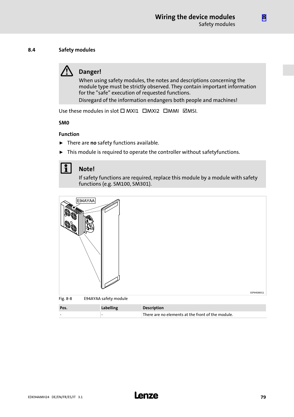 4 safety modules, Safety modules, Wiring the device modules | Lenze E94AMHE User Manual | Page 79 / 214