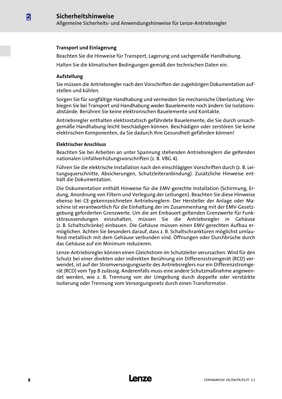 Sicherheitshinweise | Lenze E94AMHE User Manual | Page 8 / 214