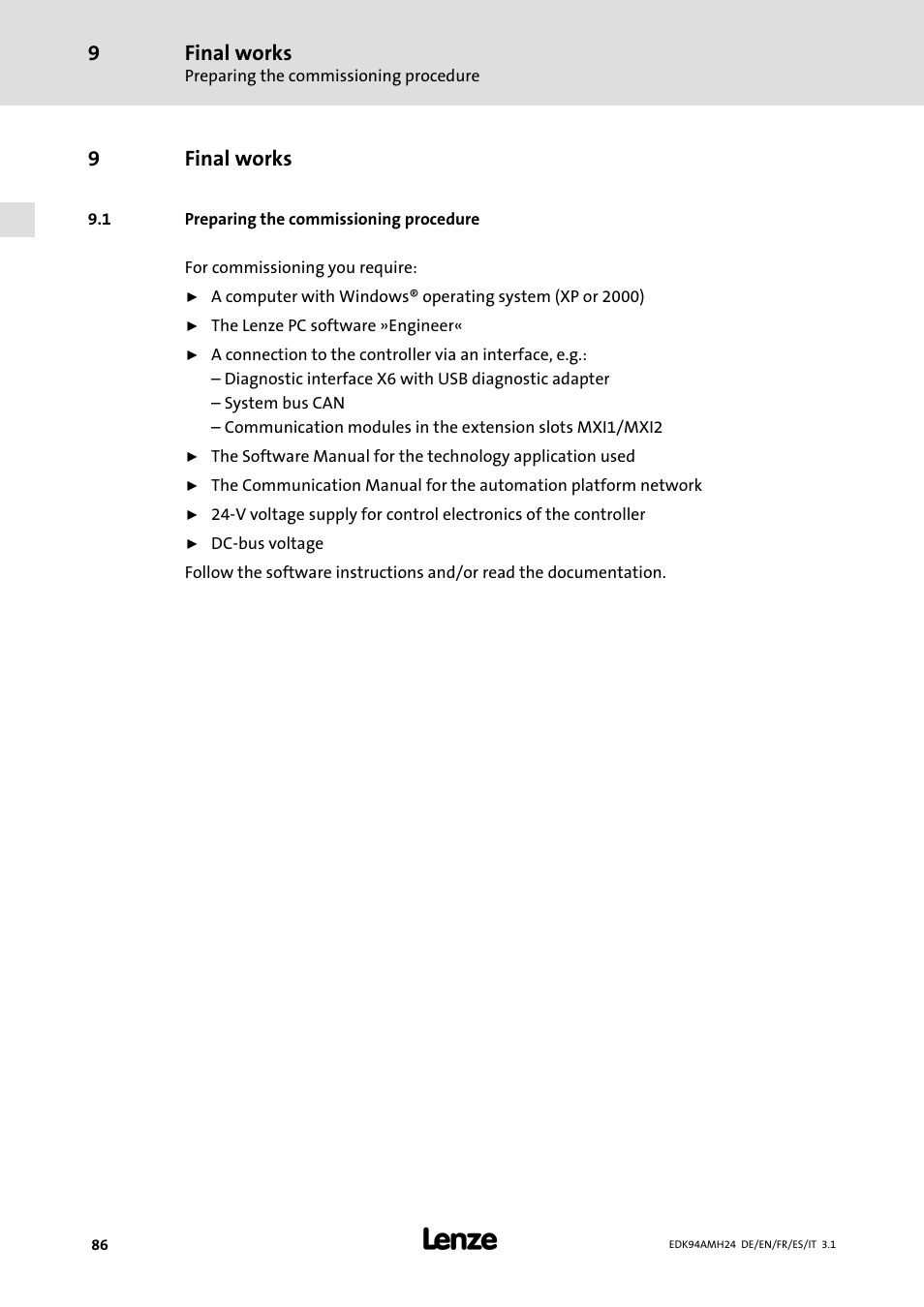 9 final works, 1 preparing the commissioning procedure, Final works | Preparing the commissioning procedure, 9final works | Lenze E94AMHE User Manual | Page 86 / 214