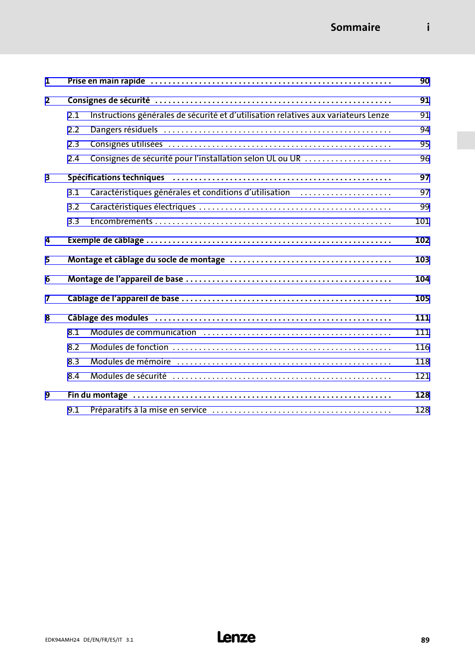 Sommaire, Sommaire i | Lenze E94AMHE User Manual | Page 89 / 214